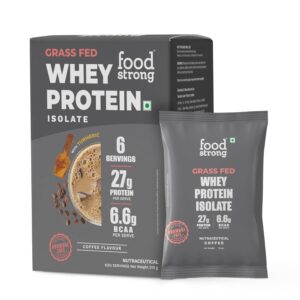 Foodstrong Whey Protein Isolate, 100% Hormone Free Grass-Fed Whey, 27G Protein & 6.6G BCAA, Coffee, With Turmeric & Digestive Enzymes, 6 Sachets, 210G