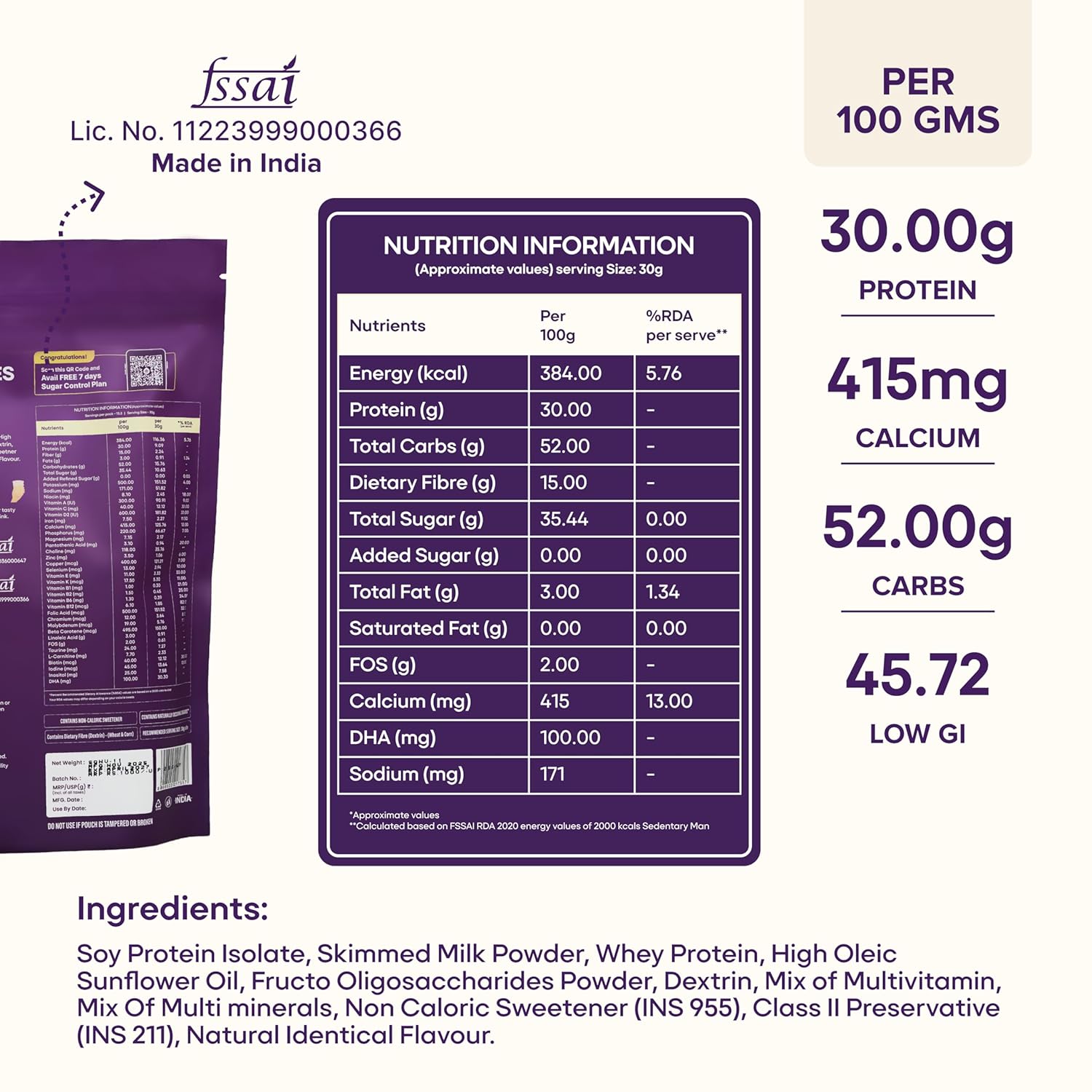 Sugar.fit Diabetes Care+ Protein Powder, Low GI, Zero Refined Sugar, High-Protein Soy & Whey Blend, 30 Vitamins & Minerals, Vanilla Flavour - 400g - Image 2