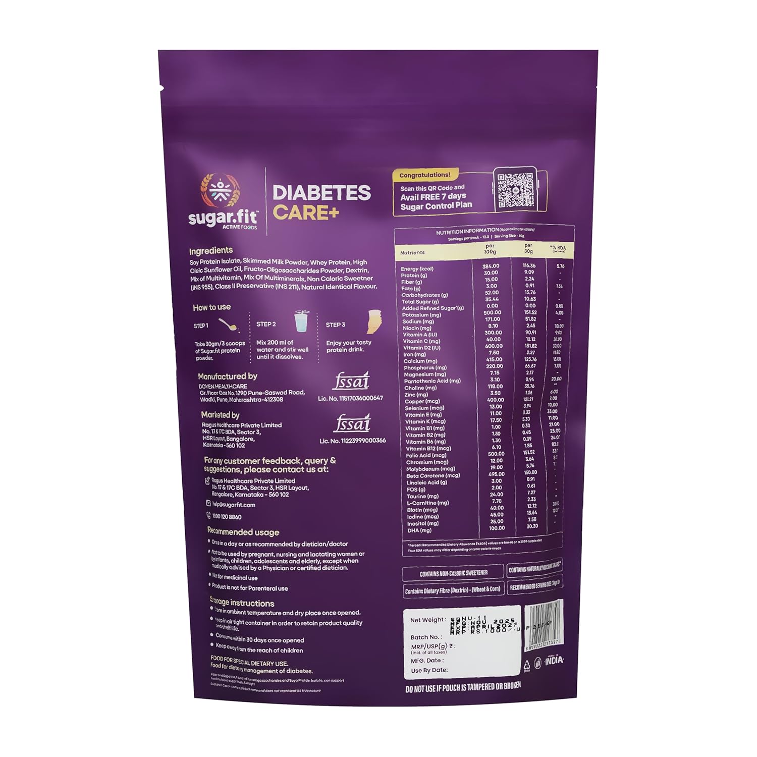 Sugar.fit Diabetes Care+ Protein Powder, Low GI, Zero Refined Sugar, High-Protein Soy & Whey Blend, 30 Vitamins & Minerals, Vanilla Flavour - 400g - Image 8