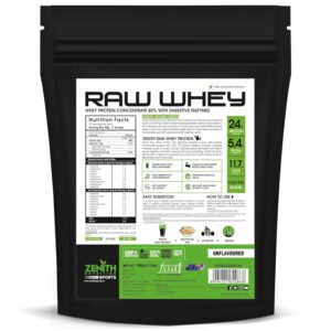 Zenith Nutrition Raw Whey Protein 80% | USA Made | Unflavoured - 1kg | with Digestive Enzymes